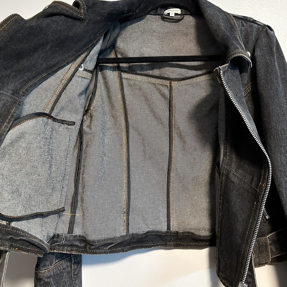 Manoush Denim Biker Jacket Motorcycle Washed Black Belted Size 40 US 8 - Picture 11 of 14